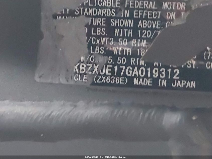 2016 Kawasaki Zx636 E VIN: JKBZXJE17GA019312 Lot: 43854119