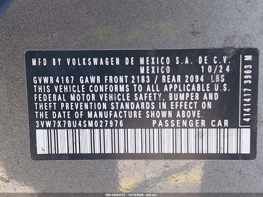 2025 Volkswagen Jetta 1.5T Se VIN: 3VW7X7BU4SM027976 Lot: 43854127