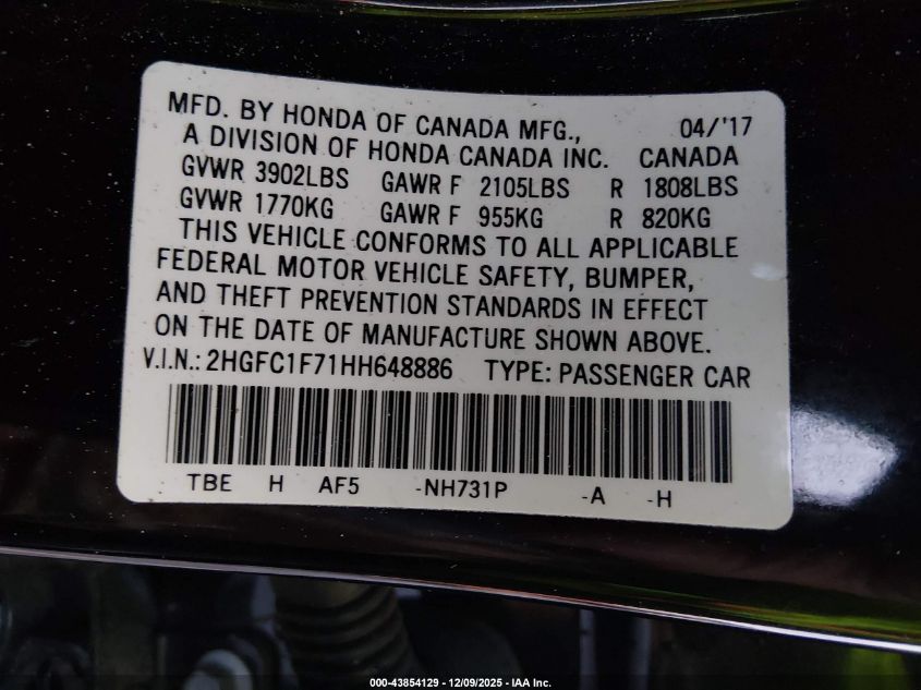 2017 Honda Civic Ex-L VIN: 2HGFC1F71HH648886 Lot: 43854129