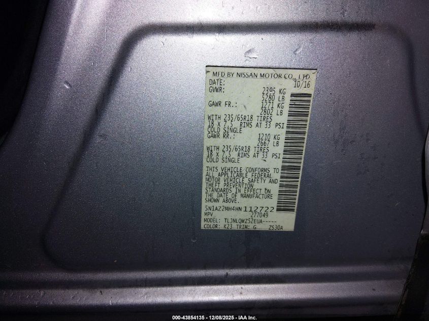 2017 Nissan Murano Platinum/S/Sl/Sv VIN: 5N1AZ2MH4HN112722 Lot: 43854135
