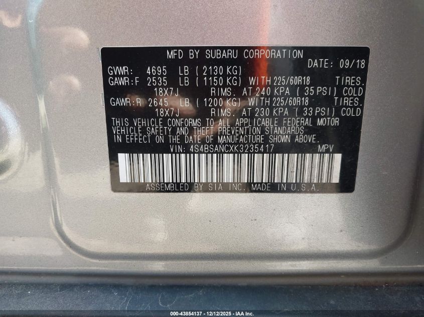 2019 Subaru Outback 2.5I Limited VIN: 4S4BSANCXK3235417 Lot: 43854137