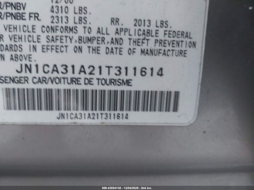 2001 Nissan Maxima Se VIN: JN1CA31A21T311614 Lot: 43854138