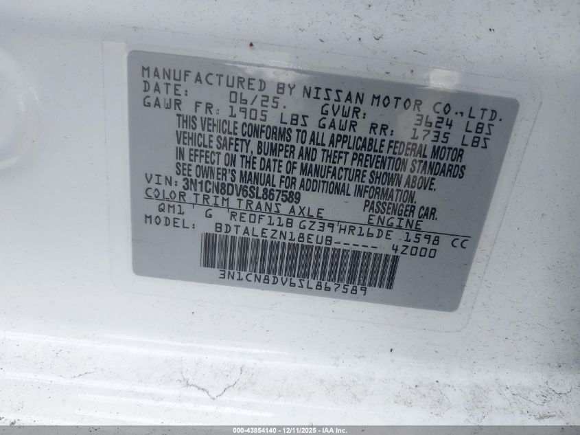 2025 Nissan Versa 1.6 S VIN: 3N1CN8DV6SL867589 Lot: 43854140