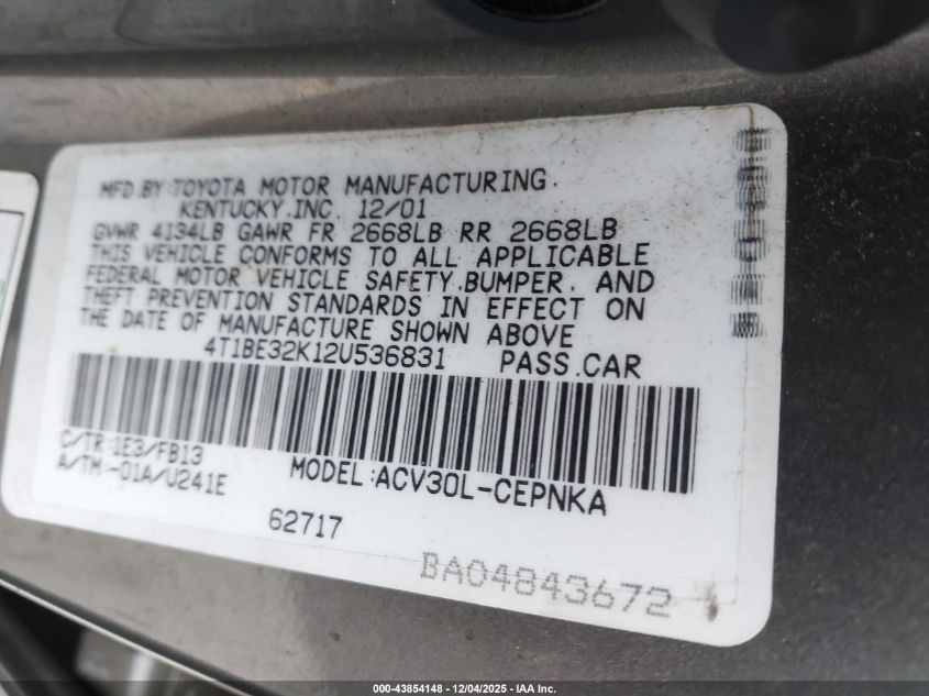 2002 Toyota Camry Le VIN: 4T1BE32K12U536831 Lot: 43854148