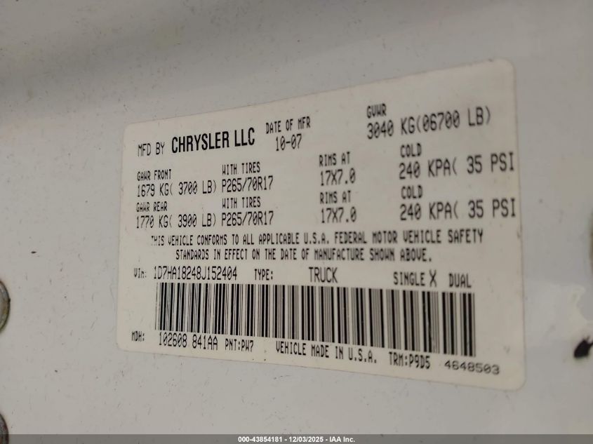 2008 Dodge Ram 1500 St/Sxt VIN: 1D7HA18248J152404 Lot: 43854181