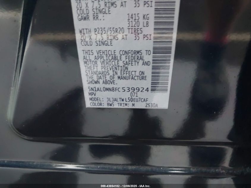 2015 Infiniti Qx60 VIN: 5N1AL0MN8FC539924 Lot: 43854182