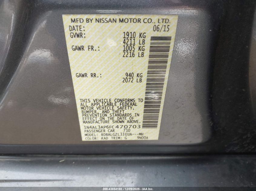 2015 Nissan Altima 2.5 S VIN: 1N4AL3AP6FC470703 Lot: 43854188