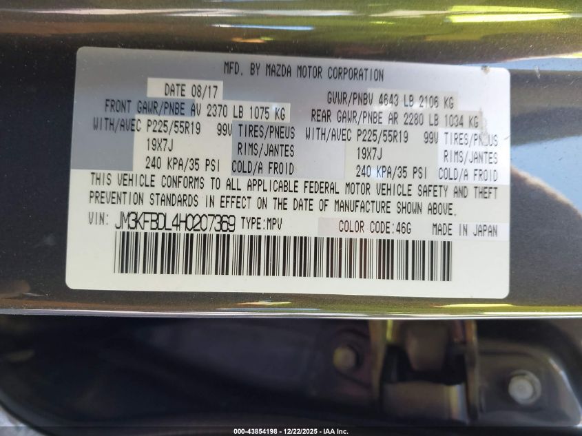 2017 Mazda Cx-5 Grand Touring VIN: JM3KFBDL4H0207369 Lot: 43854198