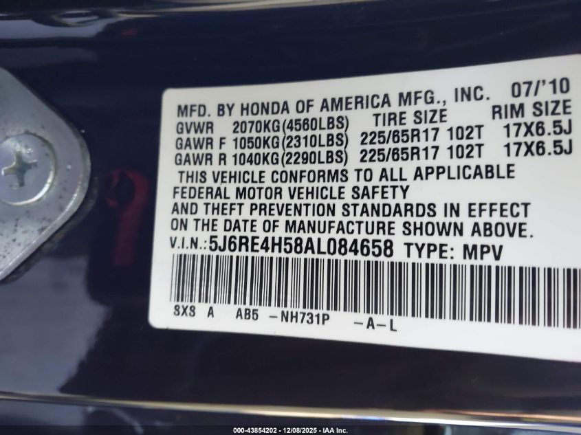 2010 Honda Cr-V Ex VIN: 5J6RE4H58AL084658 Lot: 43854202