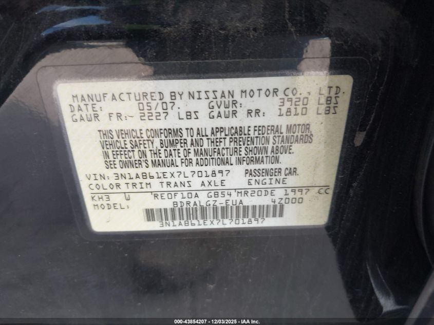 2007 Nissan Sentra 2.0Sl VIN: 3N1AB61EX7L701897 Lot: 43854207