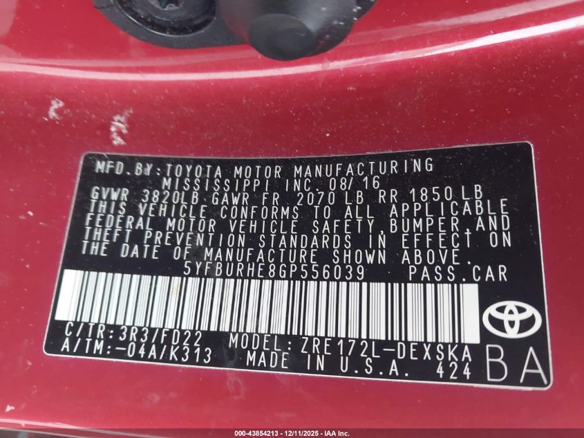 2016 Toyota Corolla S Plus VIN: 5YFBURHE8GP556039 Lot: 43854213