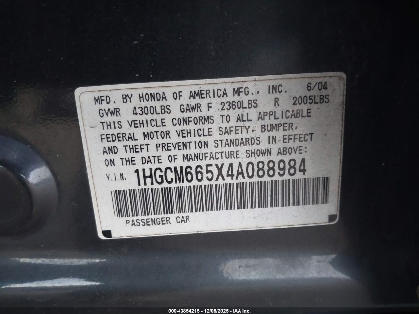 2004 Honda Accord 3.0 Ex VIN: 1HGCM665X4A088984 Lot: 43854215