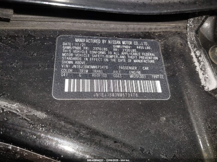 2021 Nissan Rogue Sport Sv Awd Xtronic Cvt VIN: JN1BJ1BW3MW673478 Lot: 43854222