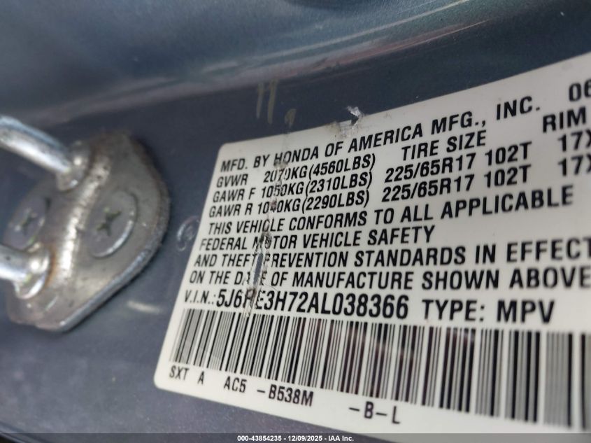 2010 Honda Cr-V Ex-L VIN: 5J6RE3H72AL038366 Lot: 43854235