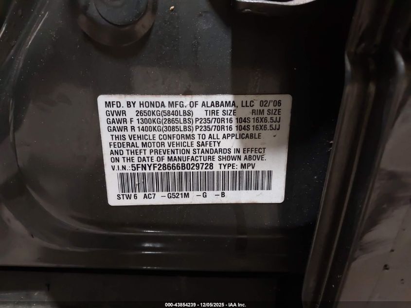 2006 Honda Pilot Ex-L VIN: 5FNYF28666B029728 Lot: 43854239