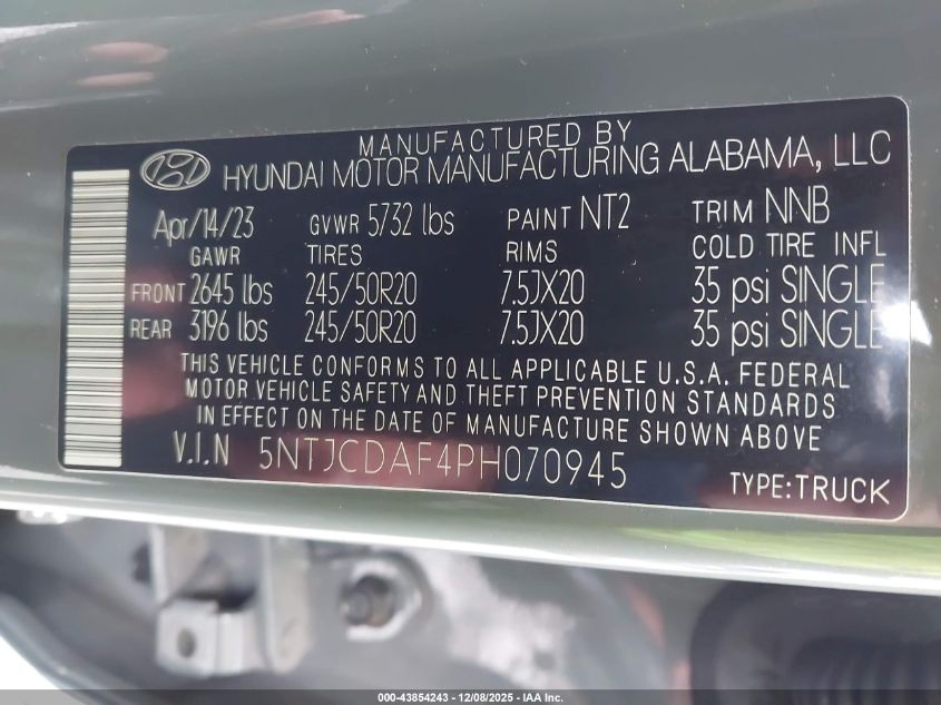 2023 Hyundai Santa Cruz Night VIN: 5NTJCDAF4PH070945 Lot: 43854243