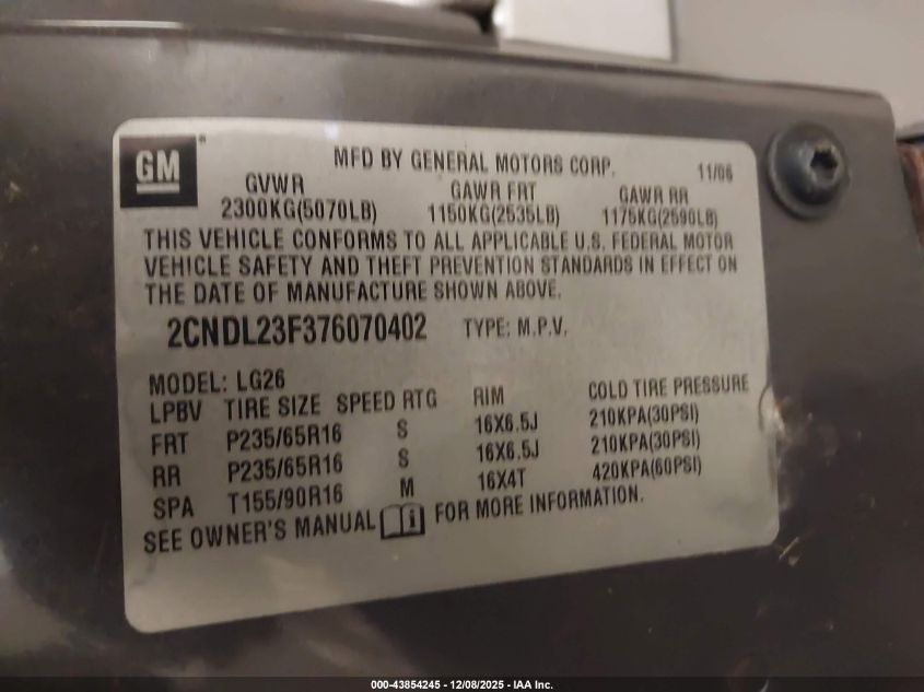 2007 Chevrolet Equinox Ls VIN: 2CNDL23F376070402 Lot: 43854245