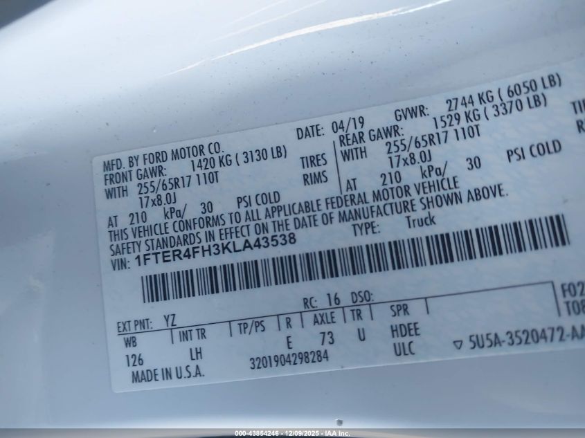 2019 Ford Ranger Xl VIN: 1FTER4FH3KLA43538 Lot: 43854246