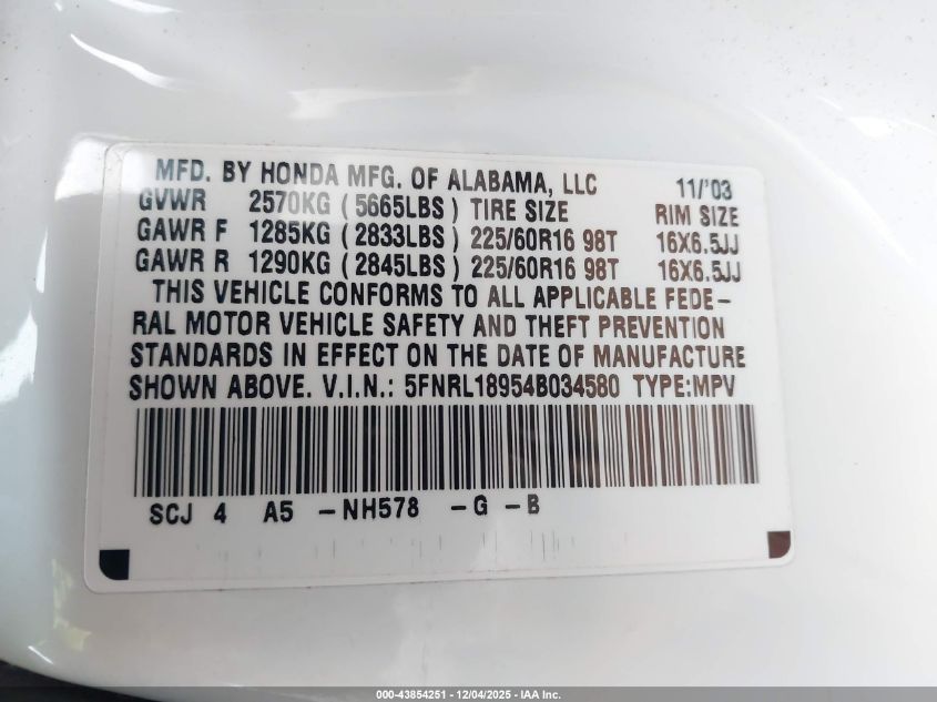 2004 Honda Odyssey Ex-L VIN: 5FNRL18954B034580 Lot: 43854251