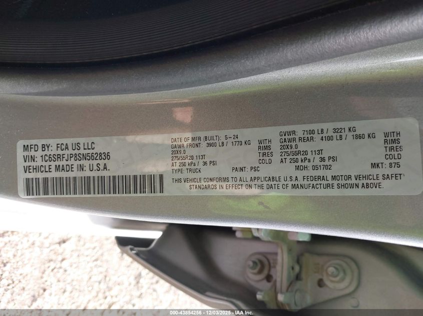 2025 Ram 1500 Laramie 4X4 5'7 Box VIN: 1C6SRFJP8SN562836 Lot: 43854256