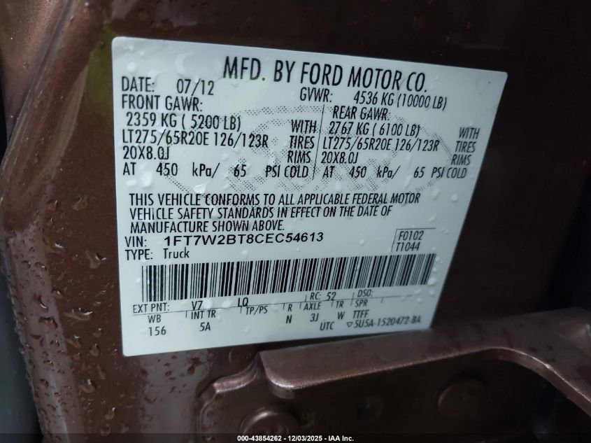 2012 Ford F-250 Lariat VIN: 1FT7W2BT8CEC54613 Lot: 43854262