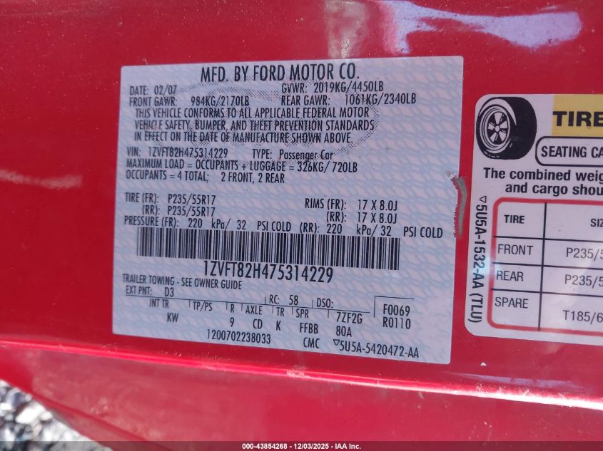 2007 Ford Mustang Gt Deluxe/Gt Premium VIN: 1ZVFT82H475314229 Lot: 43854268