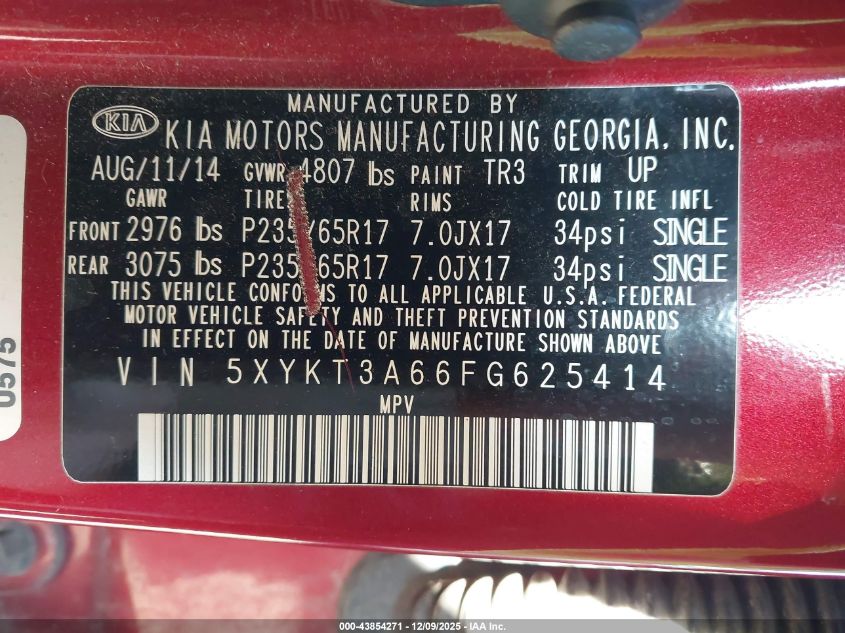 2015 Kia Sorento Lx VIN: 5XYKT3A66FG625414 Lot: 43854271