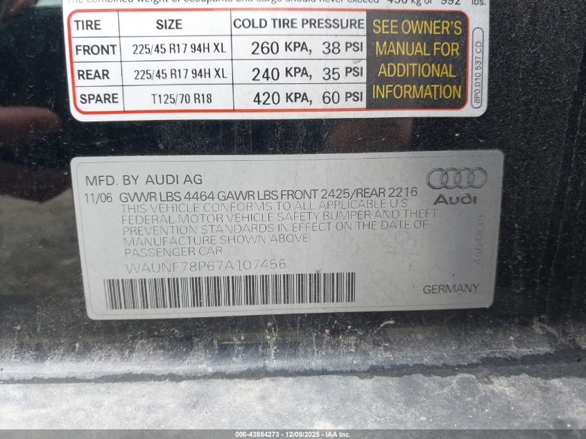 2007 Audi A3 2.0T VIN: WAUNF78P67A107456 Lot: 43854273