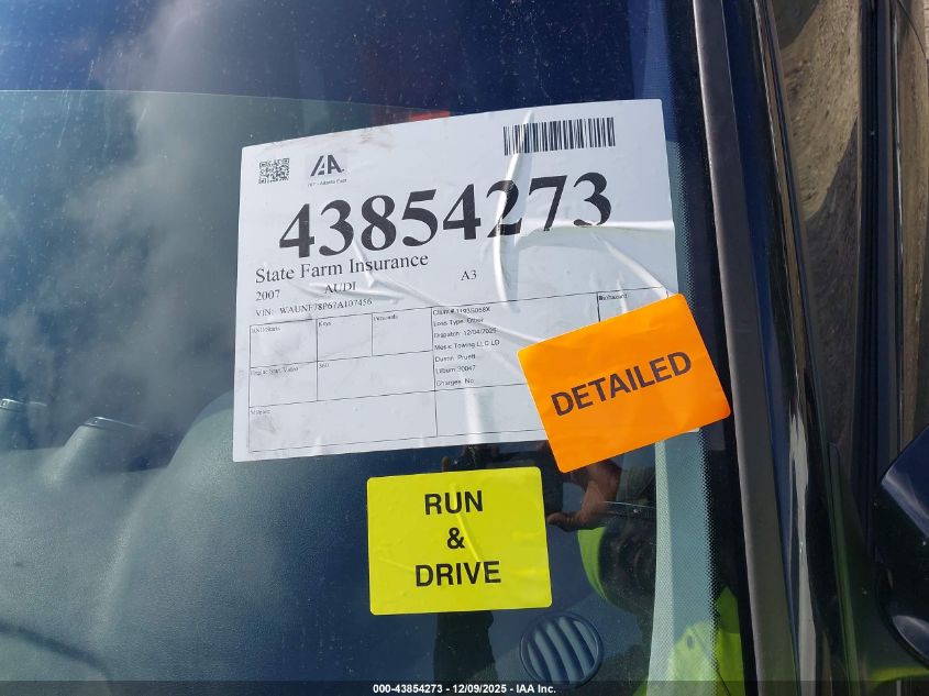 2007 Audi A3 2.0T VIN: WAUNF78P67A107456 Lot: 43854273