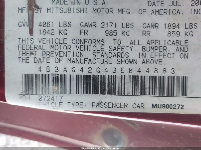 2003 Dodge Stratus Se VIN: 4B3AG42G43E044883 Lot: 43854282