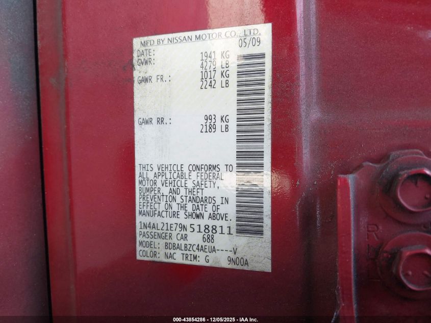 2009 Nissan Altima 2.5 S VIN: 1N4AL21E79N518811 Lot: 43854286