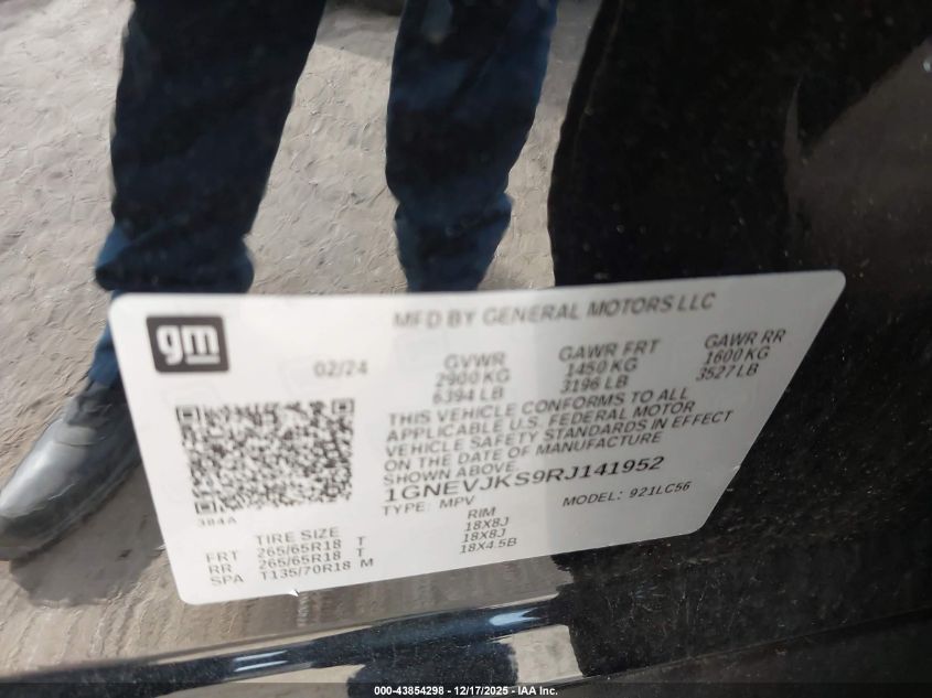 2024 Chevrolet Traverse Awd Z71 VIN: 1GNEVJKS9RJ141952 Lot: 43854298