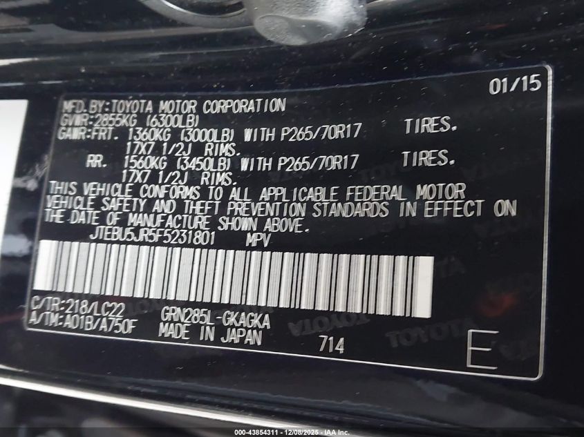 2015 Toyota 4Runner Trail Premium VIN: JTEBU5JR5F5231801 Lot: 43854311