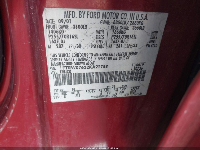 2002 Ford F-150 Lariat/Xlt VIN: 1FTRW07632KA22758 Lot: 43854315