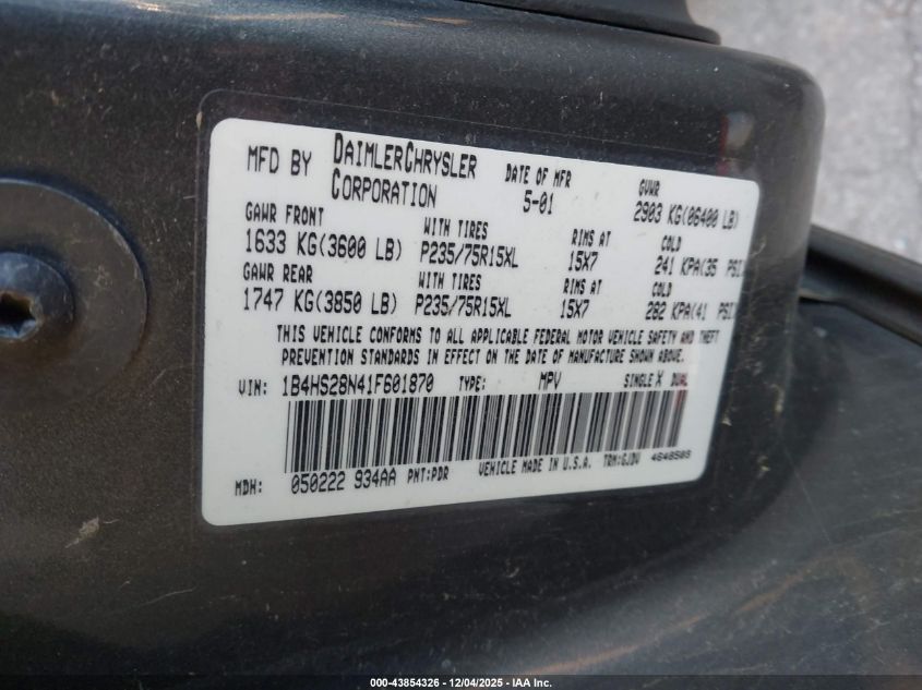 2001 Dodge Durango VIN: 1B4HS28N41F601870 Lot: 43854326