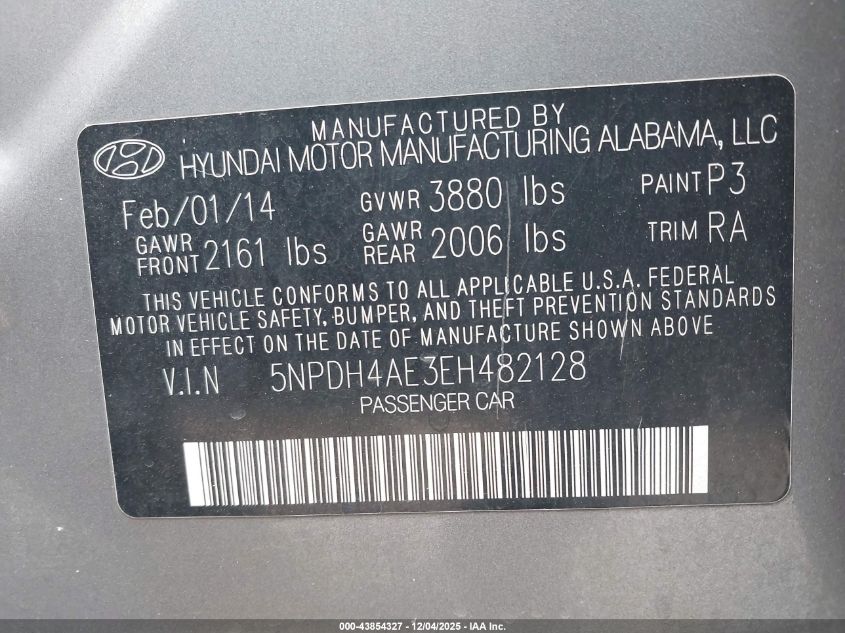 2014 Hyundai Elantra Se VIN: 5NPDH4AE3EH482128 Lot: 43854327