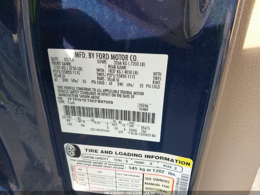 2014 Ford F-150 Lariat VIN: 1FTFW1ET5EFB97009 Lot: 43854331