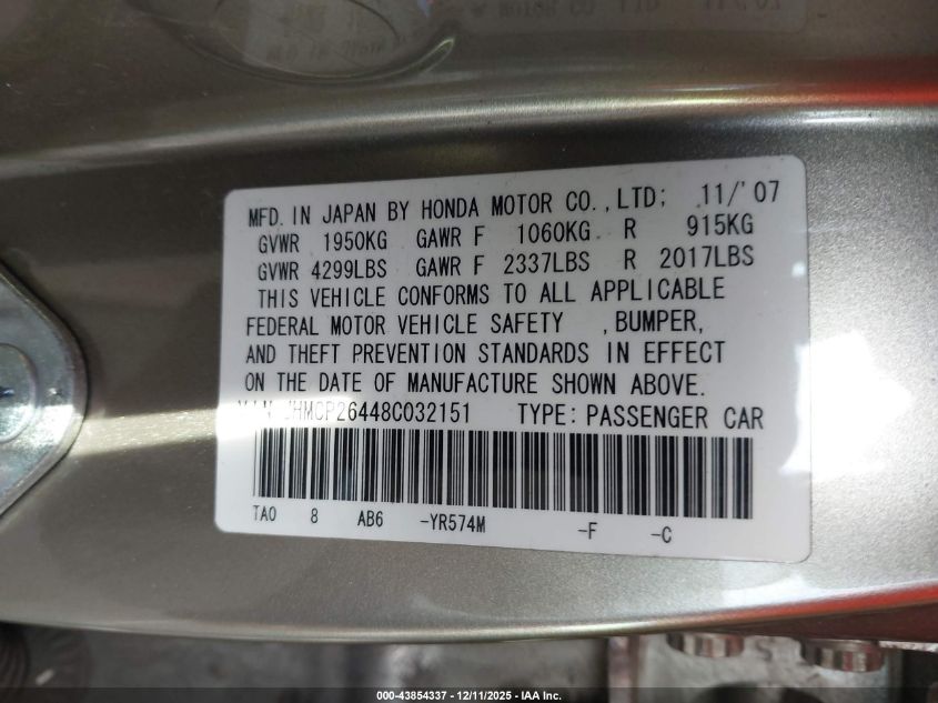 2008 Honda Accord 2.4 Lx-P VIN: JHMCP26448C032151 Lot: 43854337
