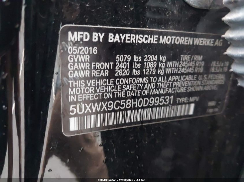 2017 BMW X3 xDrive28I VIN: 5UXWX9C58H0D99531 Lot: 43854348