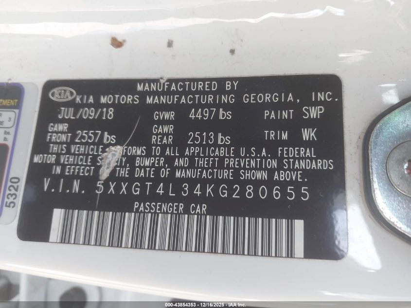 2019 Kia Optima S VIN: 5XXGT4L34KG280655 Lot: 43854353