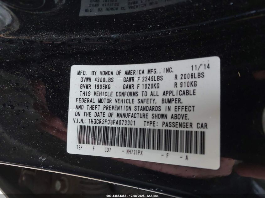 2015 Honda Accord Lx VIN: 1HGCR2F38FA073301 Lot: 43854355