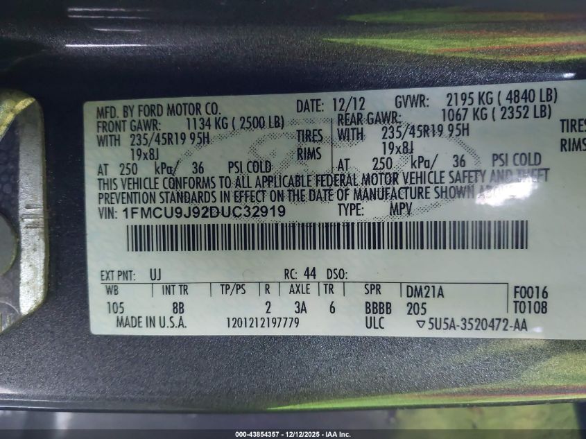 2013 Ford Escape Titanium VIN: 1FMCU9J92DUC32919 Lot: 43854357