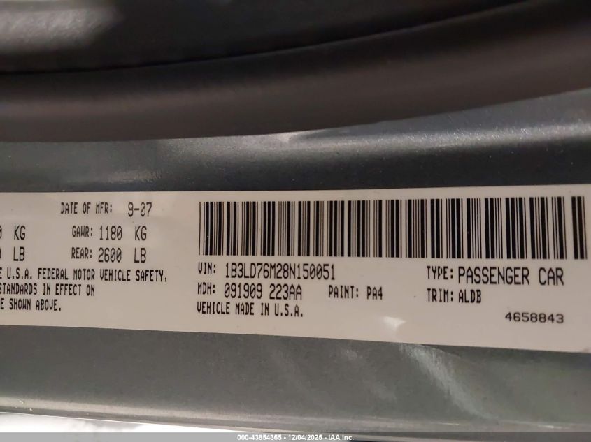 2008 Dodge Avenger R/T VIN: 1B3LD76M28N150051 Lot: 43854365
