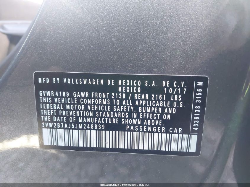 2018 Volkswagen Jetta 1.4T S VIN: 3VW2B7AJ5JM248839 Lot: 43854373