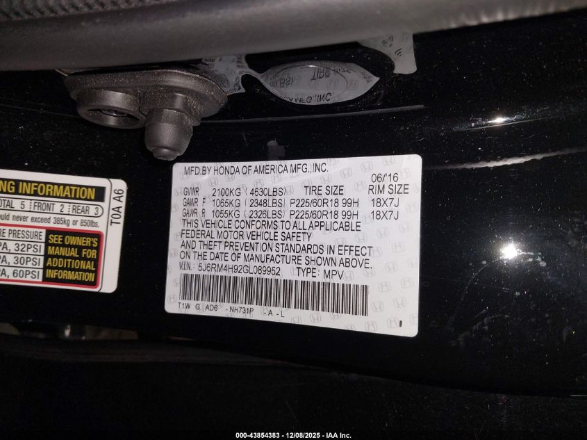 2016 Honda Cr-V Touring VIN: 5J6RM4H92GL089952 Lot: 43854383