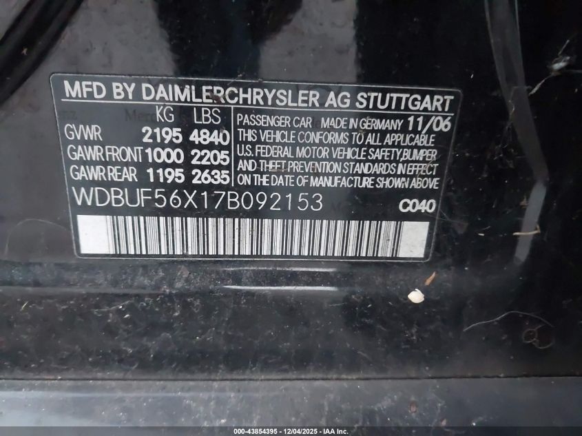 2007 Mercedes-Benz E 350 VIN: WDBUF56X17B092153 Lot: 43854395