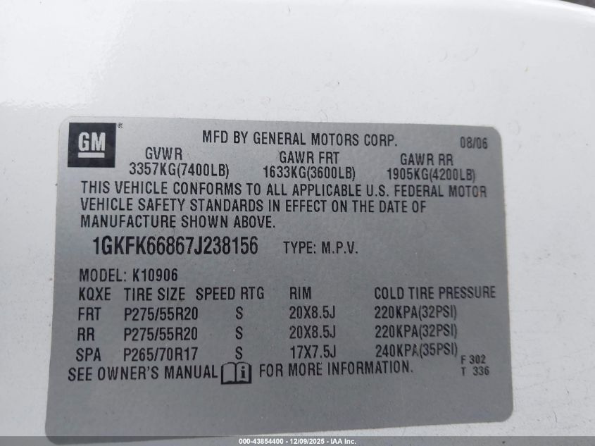 2007 GMC Yukon Xl 1500 Denali VIN: 1GKFK66867J238156 Lot: 43854400
