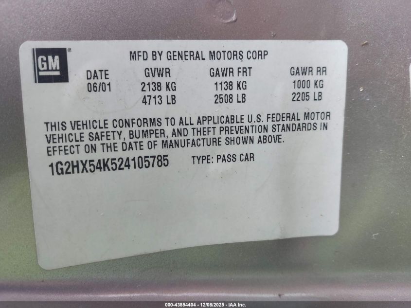 2002 Pontiac Bonneville Se VIN: 1G2HX54K524105785 Lot: 43854404