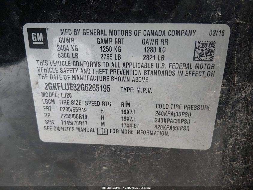 2016 GMC Terrain Slt VIN: 2GKFLUE32G6265195 Lot: 43854413