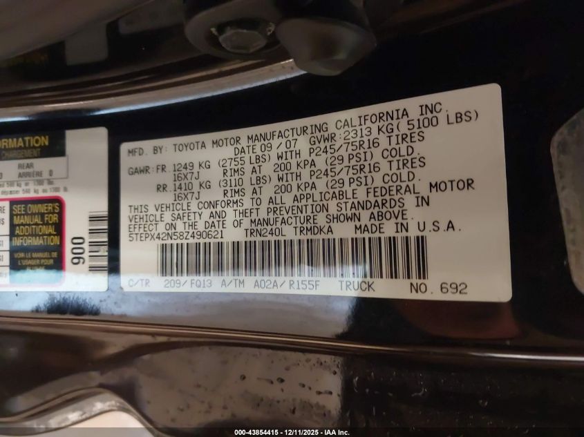 2008 Toyota Tacoma VIN: 5TEPX42N58Z490621 Lot: 43854415